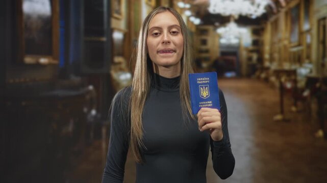 Woman holding ukrainian passport with hand covering eyes in museum hall inside historic building; national identity pride.