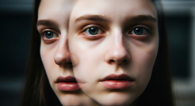 Close Up Face with Duplicated Misaligned Features Creating Uncanny Valley Effect