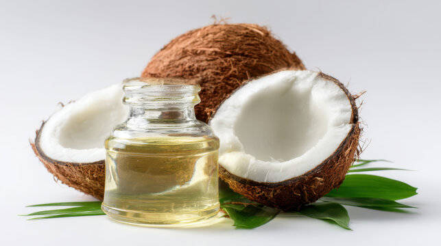Coconut oil coconut glass bottle tropical organic natural healthy wellness spa skincare cosmetic grade food ingredient sliced coconut white flesh brown shell leaf aromatherapy massage hydration
