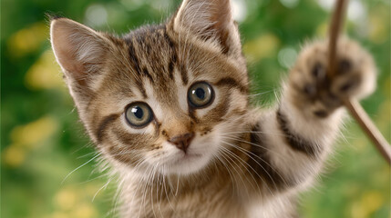 Curious Kitten Exploring a Stick in Green Garden