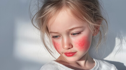 Naklejka premium Child with allergic rash on face, a close up showing skin irritation and pediatric allergy concept