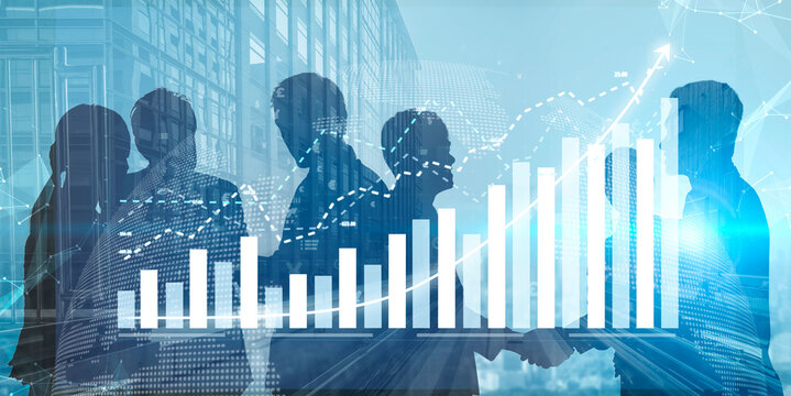 Business professionals collaborating with data visualization overlay for financial growth and strategy development Impute. - Powered by Adobe