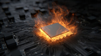 Overheated microchip burning processor computer fire circuit board hardware damage heat flame electronic risk data loss technology danger hot component glowing microchip circuit board with intense
