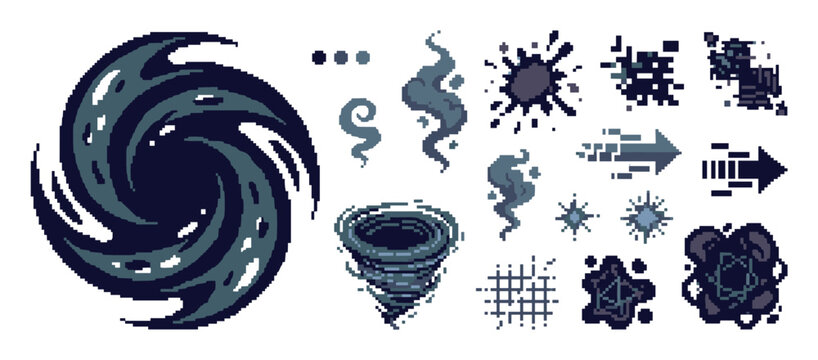 Pixel art video game special effects set with various dark magic elements like a swirling portal, tornado, smoke, explosion, and arrow sprites for a retro fantasy RPG