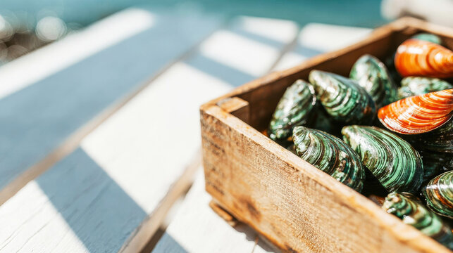 Fresh green mussels with vibrant orange shells arranged in rustic wooden box on a sunlit table by the sea