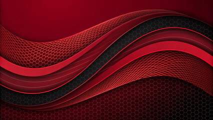 Red and Black Abstract Wave Background with Honeycomb Texture