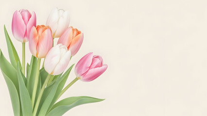 Fototapeta premium Bunch of pink, peach, and white tulips with green leaves on a light background flowers