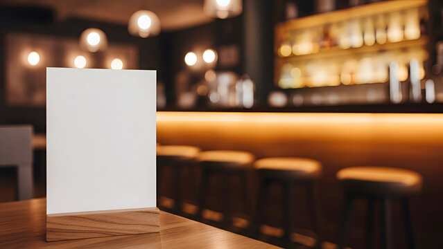 Blank white menu card on a wooden stand on a bar counter with blurred background mockup