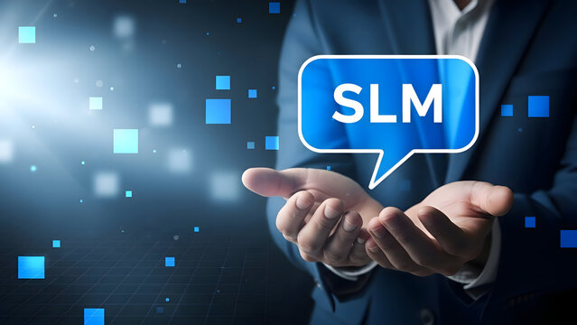 Businessman holding a speech bubble with SLM acronym and digital squares background SLM, acronym