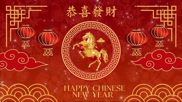 Animated Chinese New Year 2026 greeting flyer motion graphics featuring a golden horse symbol of prosperity, success, and good fortune