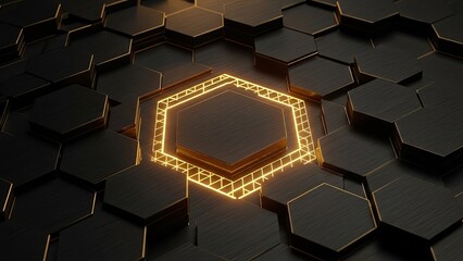 Glowing golden hexagon on dark futuristic technology background,Luxury hexagonal frame with glowing light on black tech surface