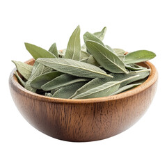 Sage leaves in a wooden bowl, ready for use in cooking or as a herb. The leaves are a beautiful green color and have a fresh, aromatic scent.