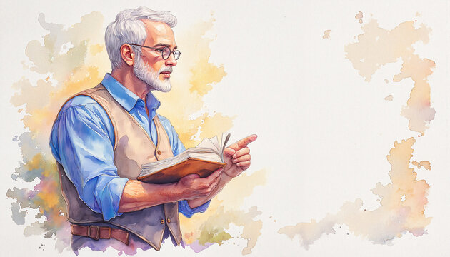 Watercolor illustration of a senior man reading a book and pointing. Wise professor or storyteller teaching. Education and wisdom concept with copy space
