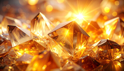 Pile of radiant golden crystals with brilliant sunburst effect