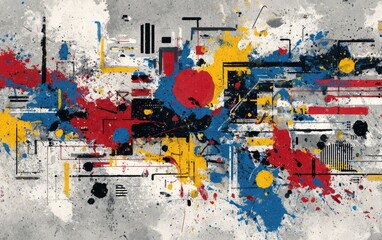 Abstract explosion of primary colors on textured gray canvas
