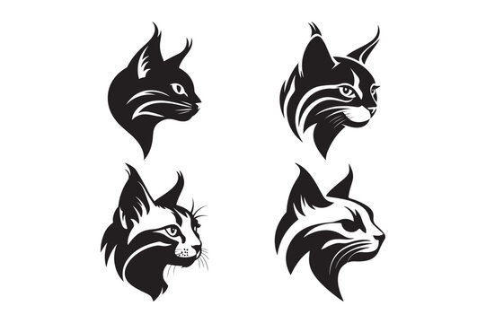 Lynx and wild cat head silhouettes tribal style set