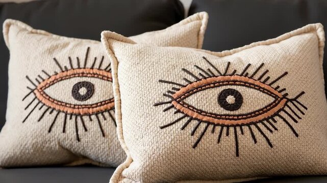 Close Up of Two Beige Embroidered Eye Pillows on a Dark Sofa 
