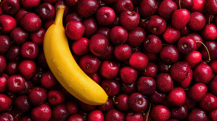Yellow Banana Among Glossy Red Cherries