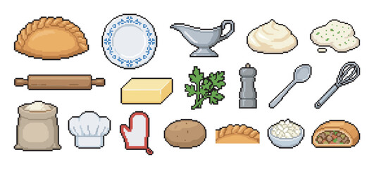 Collection of pixel art cooking icons showing ingredients and utensils for making dumplings or pierogi, including flour, butter, a rolling pin, and a chef hat in a retro 8-bit style