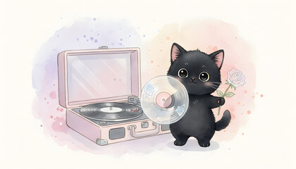 Cute watercolor illustration of a happy black kitten holding a transparent vinyl record and a rose near a vintage turntable on a soft pastel spring background