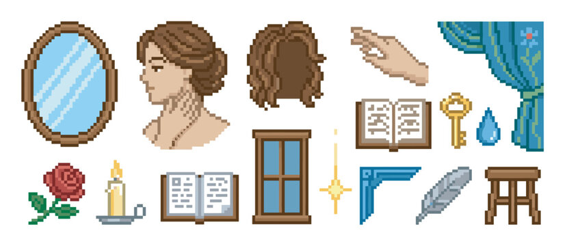 Collection of vintage pixel art icons featuring a woman's profile, mirror, book, key, and other romantic elements for a fantasy game asset pack