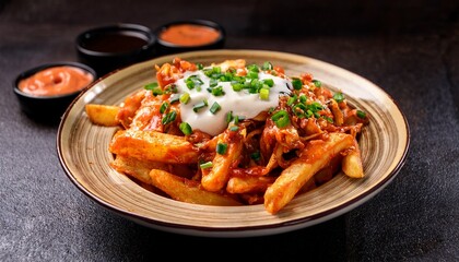 Fototapeta premium Kimchi Fries With Mayo And Scallions Delicious Fusion Food Photography