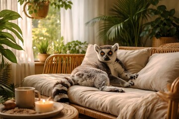 Fototapeta premium Cozy Lemur Relaxing on Rattan Sofa in Sunlit Living Room with Plants