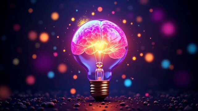 A brain in a lightbulb lighting up with various bursts of ideas as colourful energy
