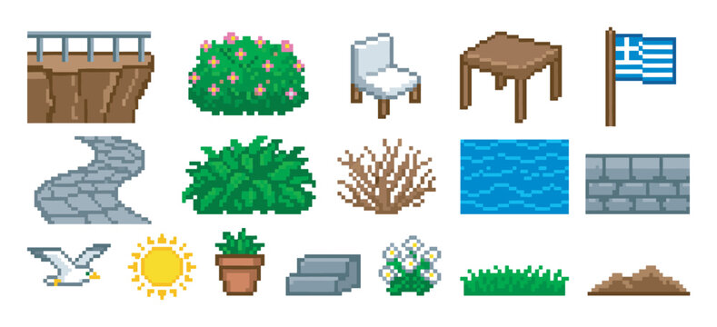 Collection of pixel art game assets featuring various sprites and tiles like a cliff, plants, furniture, a flag, and natural elements for creating a retro 8-bit video game