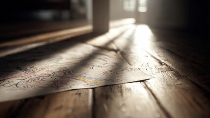 Drawing on hardwood floor in sunlit room
