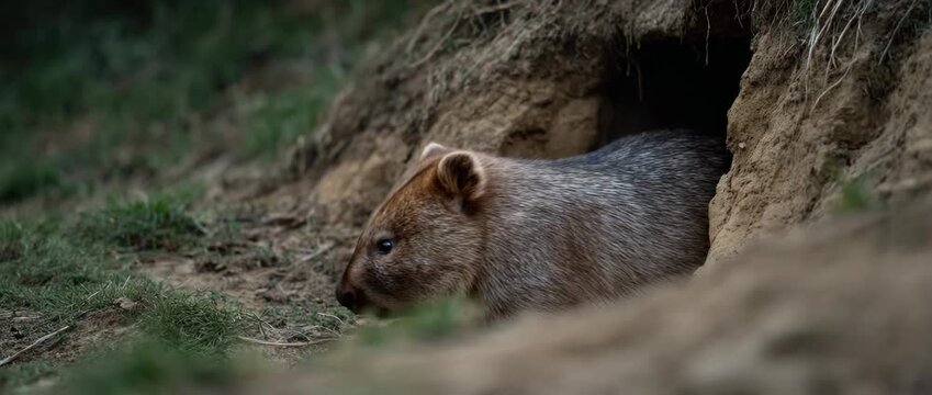 A curious wombat peers from its burrow, showcasing its endearing nature.