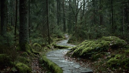 Enchanting forest path with moss-covered stones