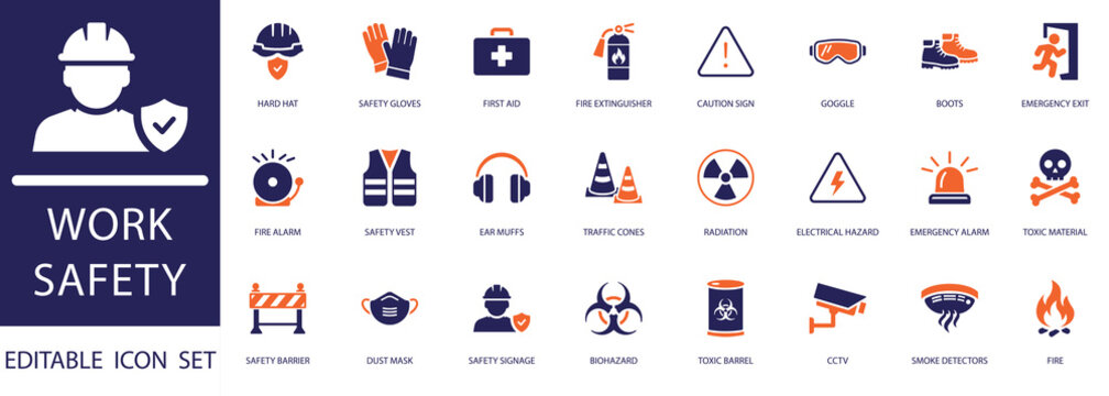 Work Safety Icon Set. featuring industrial protection, hard hat, first aid, fire extinguisher, biohazard, radiation, and emergency exit concepts