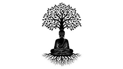 Obraz premium Meditating buddha under a tree illustration symbolizing enlightenment and peace