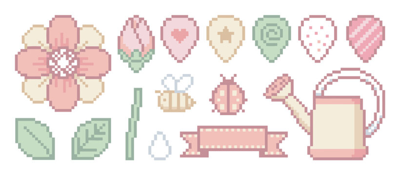 Collection of cute pixel art garden elements featuring a pink flower, insects, leaves, and a watering can in a soft pastel color scheme with a nostalgic 8-bit aesthetic