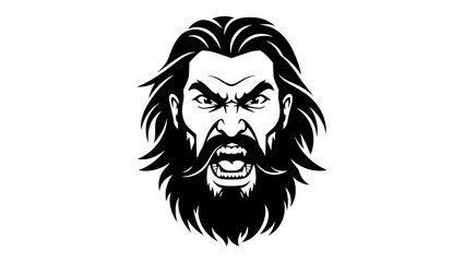 Fototapeta premium Black and white illustration of a man with long hair beard and angry expression