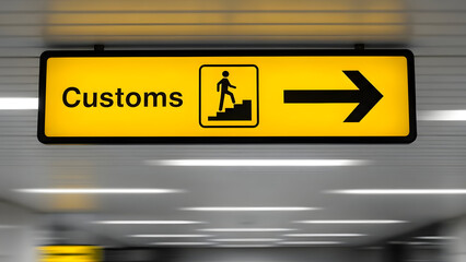 Naklejka premium Yellow customs sign with arrow and person icon in a blurred airport or train station travel