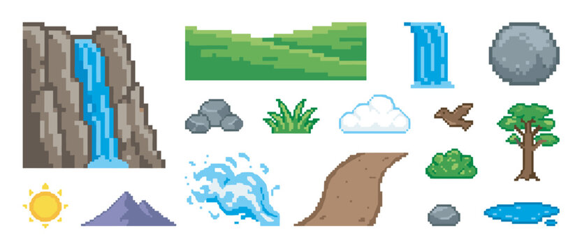 Collection of pixel art nature elements for video game design, including a waterfall, tree, mountain, and sun in a retro 8-bit style graphic set for developers