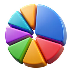 Colorful 3D pie chart icon, isolated on a transparent background for infographics or business presentations