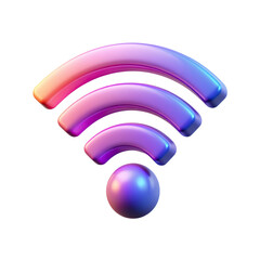 Vibrant 3d purple wi-fi wireless signal waves sign with central dot icon isolated on transparent background.