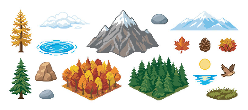 Set of pixel art nature icons and landscape elements featuring mountains, forests, trees, and rocks in a retro 8-bit video game style for creating custom outdoor scenes