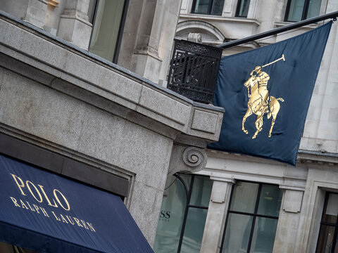 LONDON, UK - MAY 06, 2019:  Sign outside Ralph Lauren shop in Regent Street