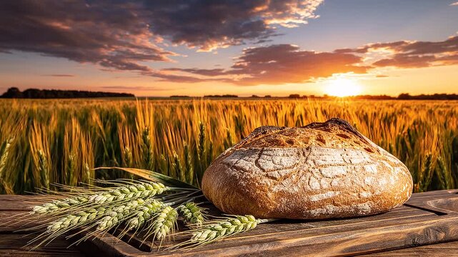 Golden Hour Bakery: A Loaf of Bread in a Wheat Field at Sunset, Rustic Charm