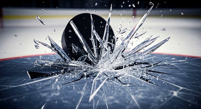 Ice hockey puck striking the rink and shattering ice surface  