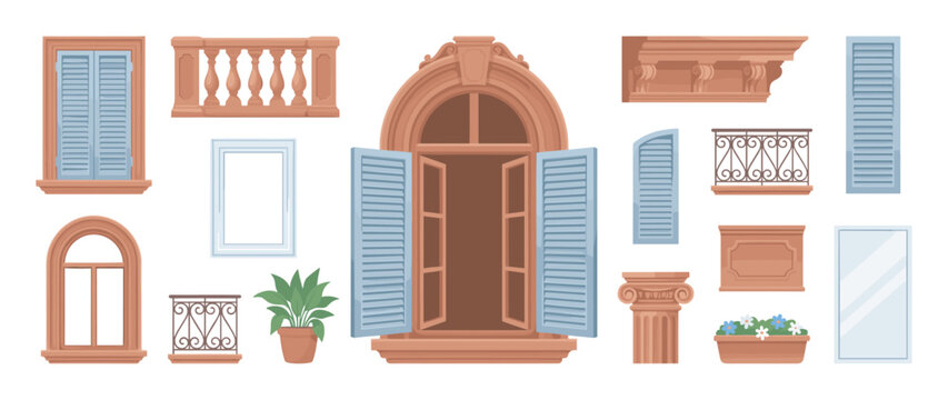 Set of vintage European architectural elements with windows, open blue shutters, balconies with balustrades, wrought iron railings, decorative cornices, and potted plants