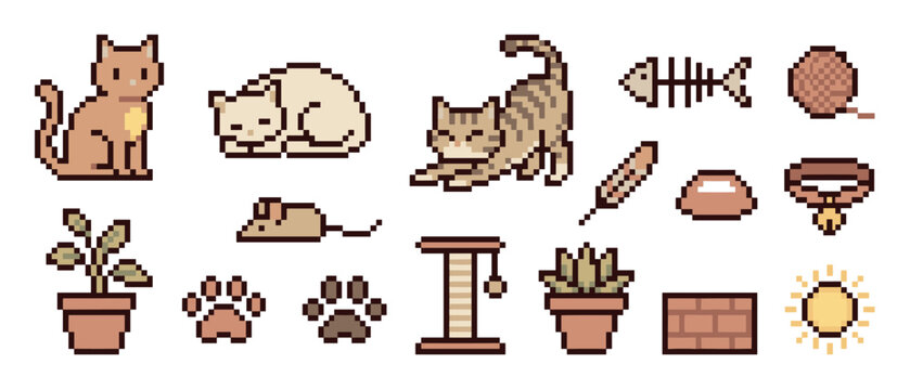 Charming collection of pixel art cat icons showing various feline poses, pet toys, and accessories in a cute, nostalgic 8-bit video game graphic aesthetic