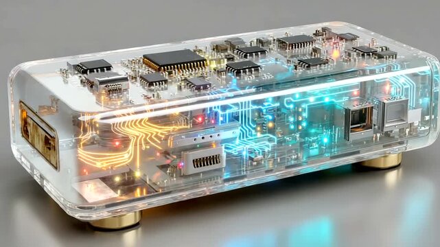 Transparent electronic device showcasing intricate circuitry