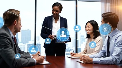 Business professionals discussing digital communication and teamwork in a modern office setting. - Powered by Adobe