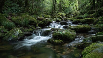 Obraz premium Mossy stream cascades through a green forest