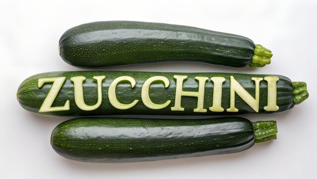 &ldquo;The word &lsquo;Zucchini&rsquo; created using realistic zucchinis, smooth dark green texture, natural light reflections, clean background, German name integrated with vegetable shapes, close-up, photorealistic&rdquo;
